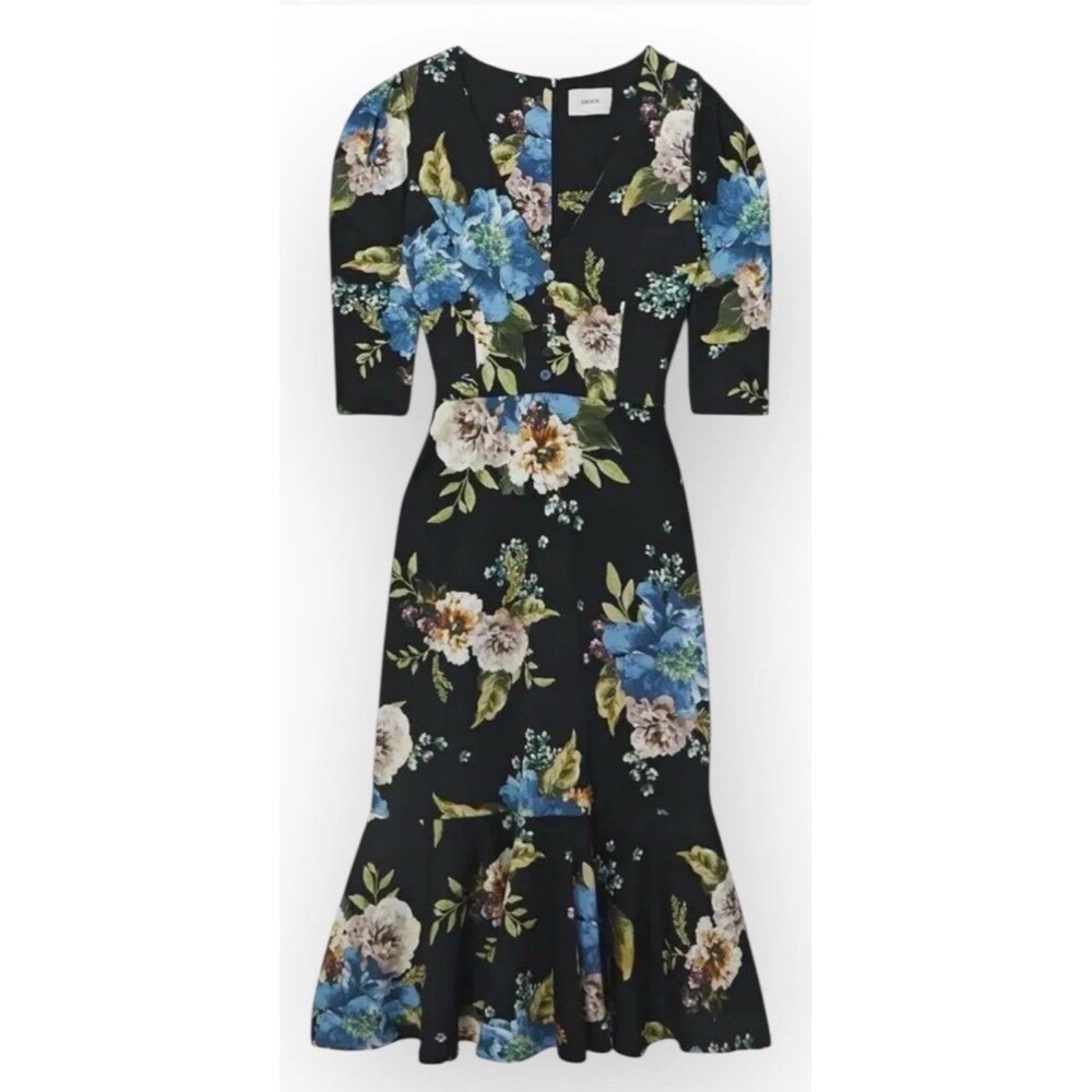 ERDEM Ottavia Floral Dress Sz US 4 Ponte 40s Tea Ruffled Midi Sleeve (B